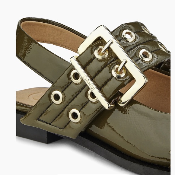 GANNI Buckle Ballerina Flats Slingbacks Sandals Military Olive BRAND NEW w/ Box - Picture 3 of 10